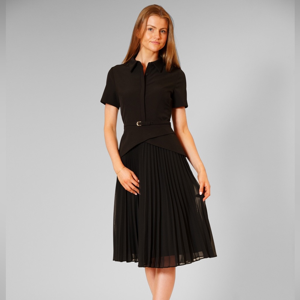 Julia Jordan Collared Mix Media Pleated Black Dress